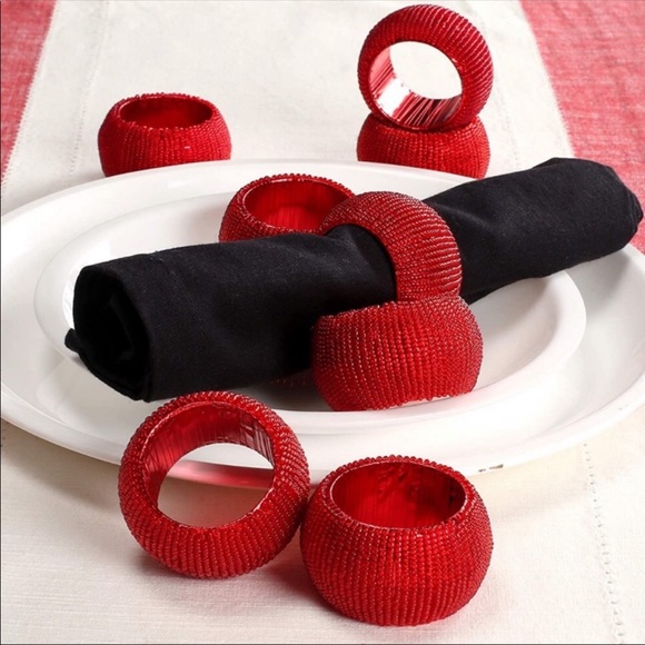 Set of 10 Bombay Shimmering Red Beaded Napkin Rings 2” x 1.5” - Picture 1 of 4